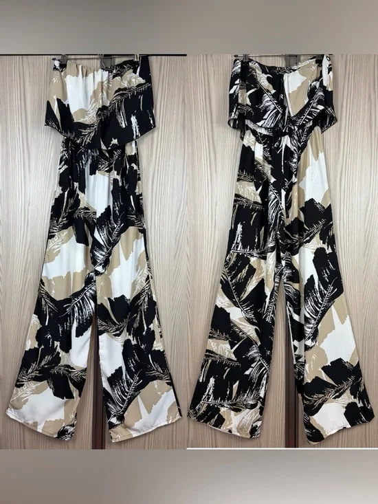 Mahina ~ Strapless Jumpsuit ~ in Black/Tan/White Palm Leaves Print - Picture 3 of 16